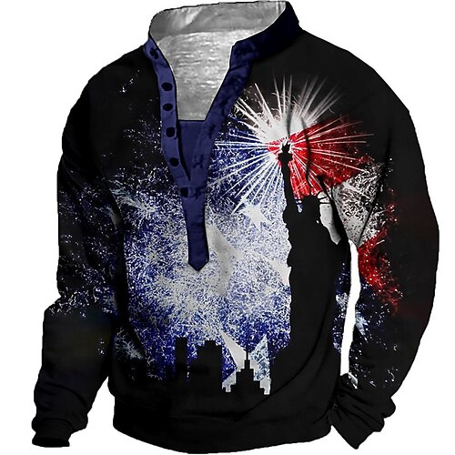 

Men's Unisex Sweatshirt Pullover Button Up Hoodie Blue Standing Collar Graphic Prints National Flag Print Casual Daily Sports 3D Print Streetwear Designer Casual Spring & Fall Clothing Apparel