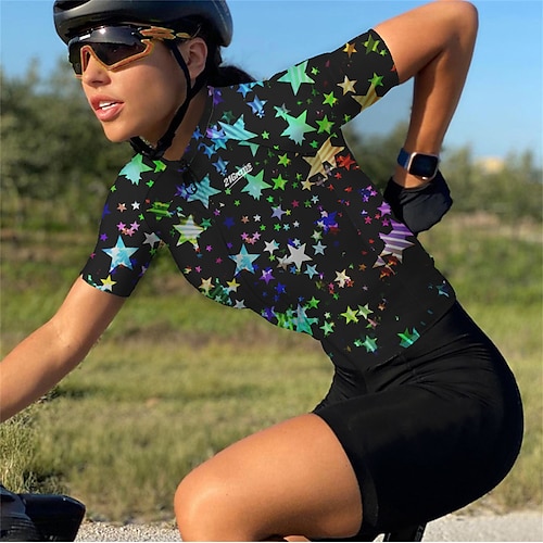 

21Grams Women's Cycling Jersey Short Sleeve Bike Top with 3 Rear Pockets Mountain Bike MTB Road Bike Cycling Breathable Quick Dry Moisture Wicking Reflective Strips Black Stars Polyester Spandex