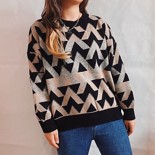 

Women's Pullover Sweater Jumper Chunky Knit Tunic Knitted Geometric Crew Neck Stylish Vintage Style Home Daily Fall Winter Gray Khaki S M L / Long Sleeve