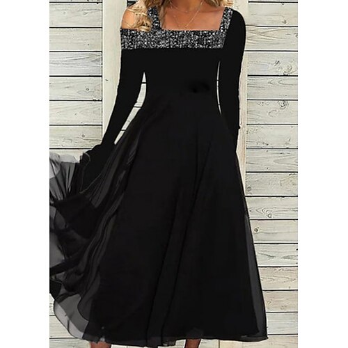 

Women's Casual Dress Swing Dress Midi Dress Black Long Sleeve Pure Color Cold Shoulder Winter Fall Square Neck Fashion Winter Dress Weekend Fall Dress 2022 S M L XL XXL 3XL