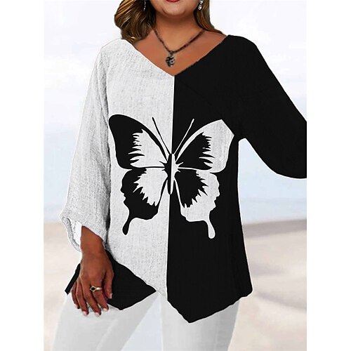 

Women's Plus Size Tops Blouse Shirt Floral Butterfly Print Long Sleeve V Neck Casual Daily Going out Polyester Fall Winter Black Navy Blue / 3D Print