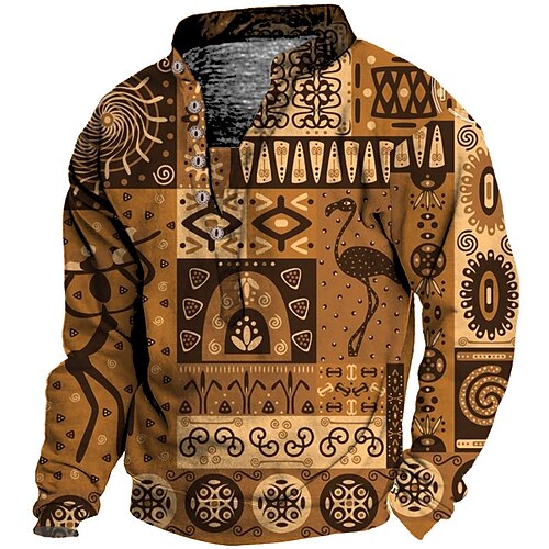 

Men's Unisex Sweatshirt Pullover Button Up Hoodie Brown Standing Collar Tribal Graphic Prints Print Casual Daily Sports 3D Print Boho Streetwear Casual Spring & Fall Clothing Apparel Hoodies