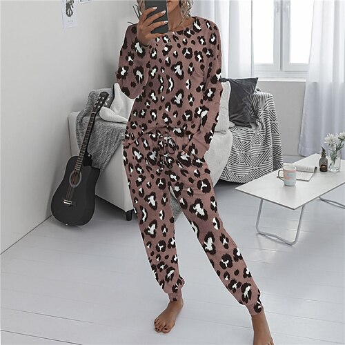 

kvinders pyjamas sæt leopard mode komfort hjemmegade bomuld rund hals langærmet t-shirt t-shirt bukser efterår vinter kaki