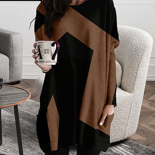 

Women's Sweatshirt Dress Winter Dress Tee Dress Wine Khaki Brown Gray Long Sleeve Color Block Patchwork Pocket Winter Fall Casual Fall Dress Loose Fit 2022 XS S M L XL XXL 3XL 4XL 5XL 6XL