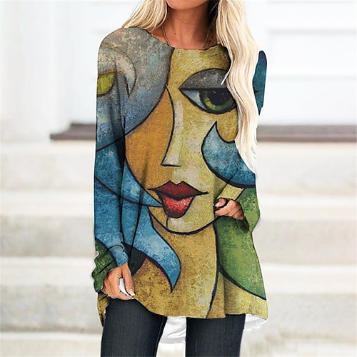 

Women's T Shirt Dress Tee Dress Shift Dress Knee Length Dress Green Yellow Red Long Sleeve Abstract Print Fall Winter Crew Neck Casual Vacation 2022 S M L XL XXL 3XL / Casual Dress