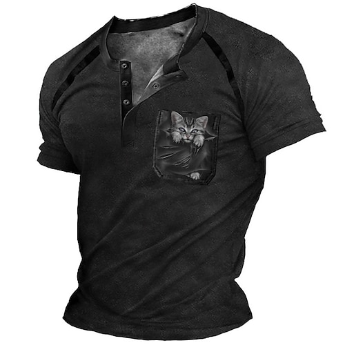 

Men's Henley Shirt Tee T shirt Tee 3D Print Cat Graphic Plus Size Henley Daily Sports Button-Down Print Short Sleeve Tops Designer Basic Casual Classic Black / Summer