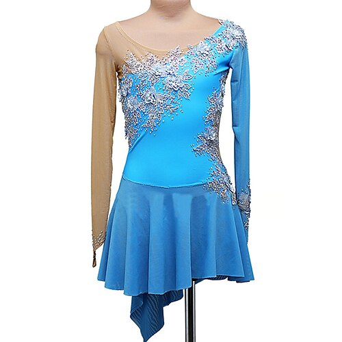 

Figure Skating Dress Women's Girls' Ice Skating Dress Blue Open Back Spandex High Elasticity Training Competition Skating Wear Handmade Crystal / Rhinestone Long Sleeve Ice Skating Figure Skating