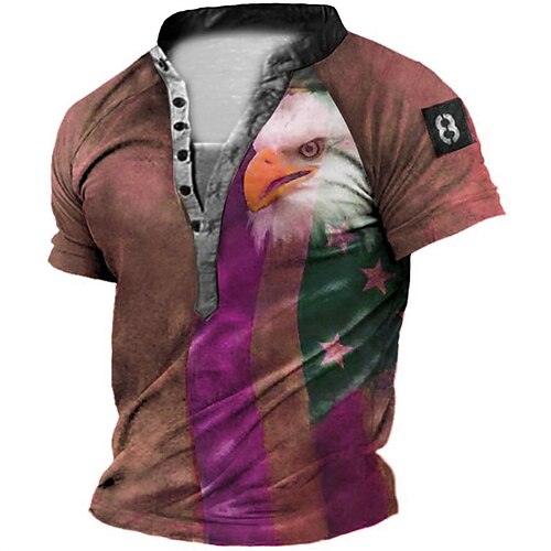 

Men's T shirt Tee Henley Shirt Tee Graphic National Flag Stand Collar Green Purple Brown Short Sleeve 3D Print Plus Size Outdoor Daily Button-Down Print Tops Basic Designer Casual Big and Tall
