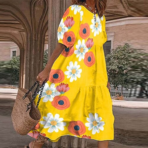 

Women's Casual Dress Shirt Dress Midi Dress Green Blue Pink Yellow Half Sleeve Floral Ruffle Print Spring Summer Crew Neck Casual Mature Loose 2022 S M L XL XXL 3XL 4XL 5XL