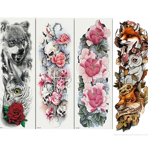 

4PCS Large Arm Sleeve Lion Crown King Rose Waterproof Temporary Tattoo Sticker Fashion Wild Wolf Tiger Men Full Skull Totem Women