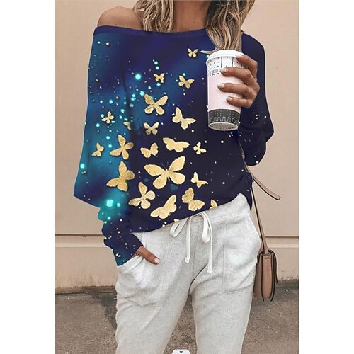 

Women's Shirt Butterfly Holiday Weekend Butterfly Shirt Long Sleeve Print One Shoulder Casual Streetwear Blue S / 3D Print