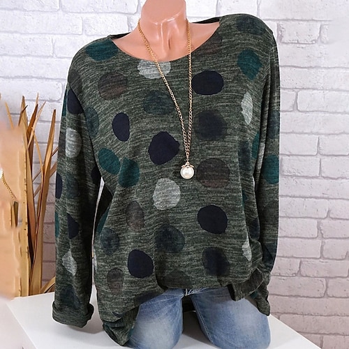 

Women's Plus Size Tops Blouse Polka Dot Print Long Sleeve Crewneck Streetwear Daily Going out Polyester Fall Winter Green Gray