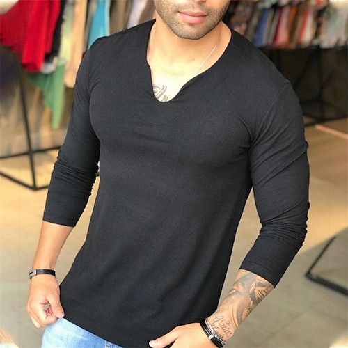 

Men's T shirt Tee Solid Color V Neck Black Long Sleeve Street Daily Tops Fashion Designer Casual Comfortable / Sports