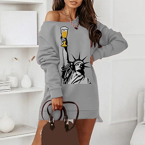 

Women's Shift Dress Short Mini Dress Gray Long Sleeve Print Fake two piece Print Fall Spring Crew Neck Casual Vacation 2022 S M L XL XXL 3XL