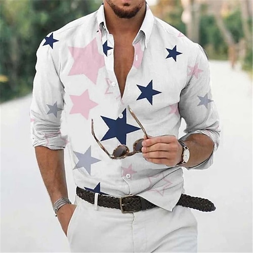 

Men's Shirt Graphic Shirt Star Turndown White 3D Print Outdoor Street Long Sleeve Button-Down Print Clothing Apparel Fashion Designer Casual Breathable