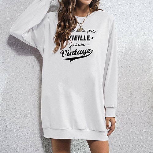 

Women's Hoodie Dress Streetwear Long Monograms Print White Black Text Daily Crew Neck Long Sleeve S M L XL XXL