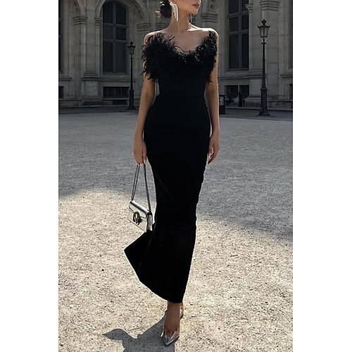 

Women's Feather Maxi long Dress White Black Sleeveless Split Feather Fall Winter V Neck Party Elegant Dress