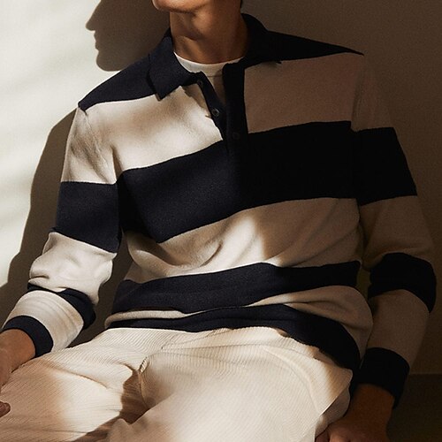 

Men's Pullover Sweater Jumper Chunky Knit Cropped Knitted Striped Shirt Collar Stylish Basic Daily Holiday Fall Winter Navy Blue S M L / Long Sleeve / Long Sleeve / Weekend
