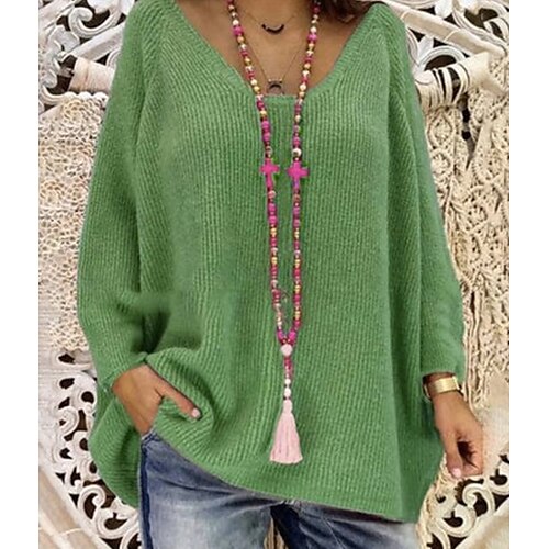 

Women's Pullover Sweater jumper Jumper Crochet Knit Tunic Knitted Thin Solid Color U Neck Casual Daily Holiday Winter Fall Green S M L / Long Sleeve / Regular Fit