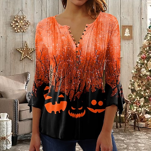 

Women's T shirt Tee Pumpkin Halloween Casual Weekend Painting T shirt Tee Long Sleeve Button Print Round Neck Basic Blue Pink Yellow S / 3D Print