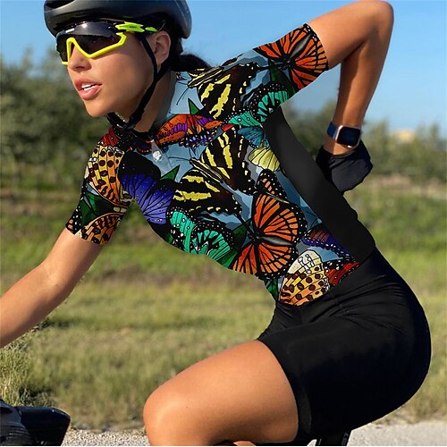 

21Grams Women's Cycling Jersey Short Sleeve Bike Top with 3 Rear Pockets Mountain Bike MTB Road Bike Cycling Quick Dry Moisture Wicking Black Butterfly Sports Clothing Apparel / Stretchy / Athleisure