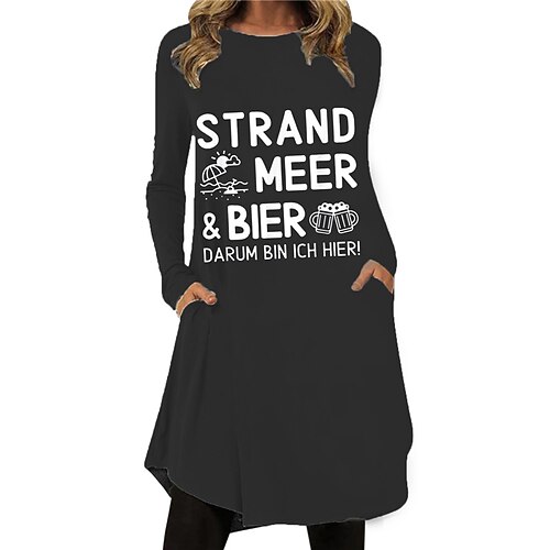 

Women's Shift Dress Knee Length Dress Black Long Sleeve Letter Pocket Print Fall Winter Crew Neck Casual Vacation 2022 S M L XL XXL 3XL