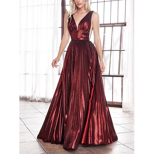 

Women's Sheath Dress Party Dress Maxi long Dress Wine Silver Beige Sleeveless Solid Color Ruched Pleated Zipper Spring Summer V Neck Modern 2022 S M L XL XXL