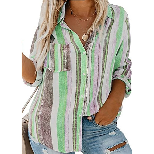 

Women's Plus Size Tops Blouse Shirt Striped Pocket Button Long Sleeve Shirt Collar Basic Daily Going out Cotton Fall Spring Green Blue / Print