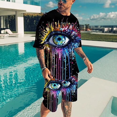 

Men's T-shirt Suits Tennis Shirt Graphic Abstract Eye Crew Neck Black / White Green Blue 3D Print Street Daily Short Sleeve Print Clothing Apparel 2pcs Basic Fashion Lightweight Casual / Summer