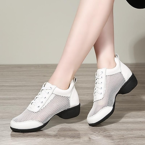 

Women's Dance Boots Dance Shoes Stage Practice Outdoor Ankle Boots Split Sole Splicing Mesh Thick Heel Lace-up White Black