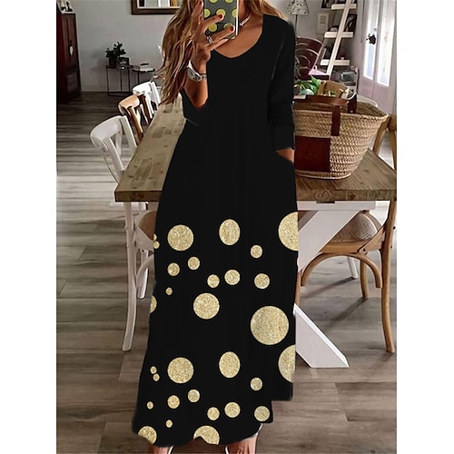 

Women's A Line Dress Swing Dress Maxi long Dress Yellow Long Sleeve Geometric Pocket Print Fall Winter V Neck Casual Vacation 2022 S M L XL XXL 3XL / Casual Dress