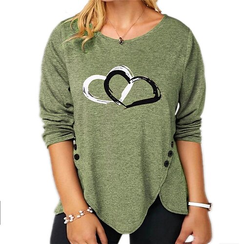 

Women's Plus Size Tops T shirt Tee Heart Print Long Sleeve Crewneck Casual Daily Going out Cotton Blend Fall Winter Green Black