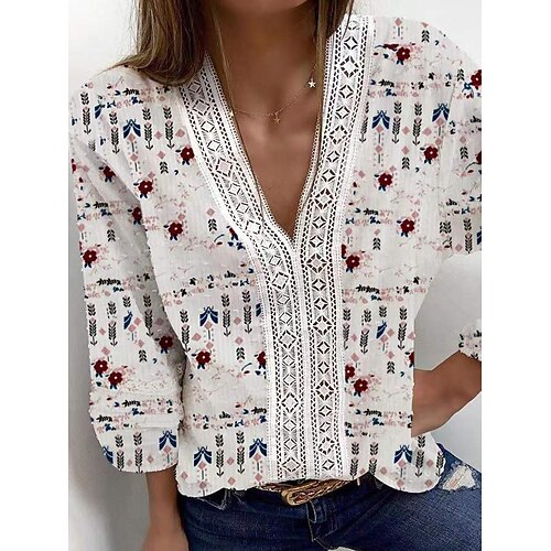 

Women's Blouse Floral Daily Weekend Floral Blouse Shirt Long Sleeve Print V Neck Casual Streetwear White S / 3D Print