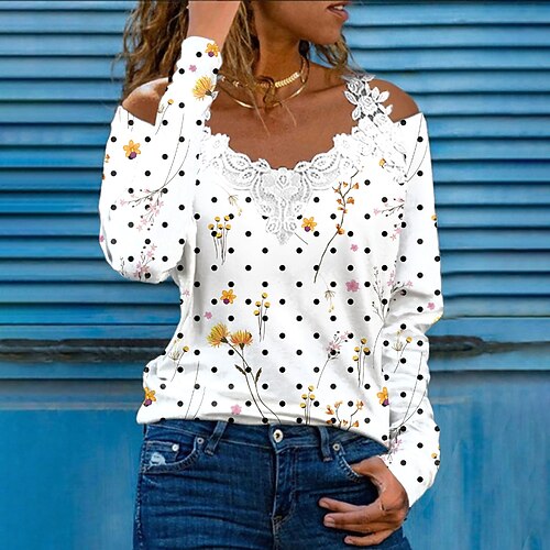 

Women's T shirt Tee Floral Polka Dot Daily Weekend Floral Painting T shirt Tee Long Sleeve Lace Cold Shoulder V Neck Basic White S / 3D Print