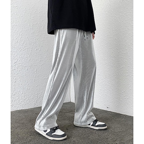 

Men's Trousers Casual Pants Drawstring Elastic Waist Wide Leg Solid Color Soft Full Length Casual Daily Streetwear Simple Loose Fit White Black