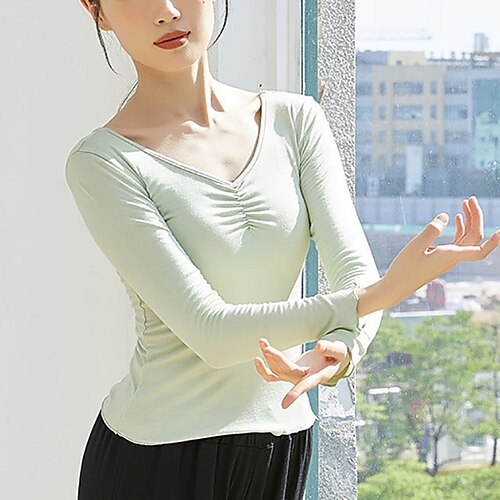 

Activewear Top Ruching Pure Color Women's Training Performance Long Sleeve High Cotton Blend