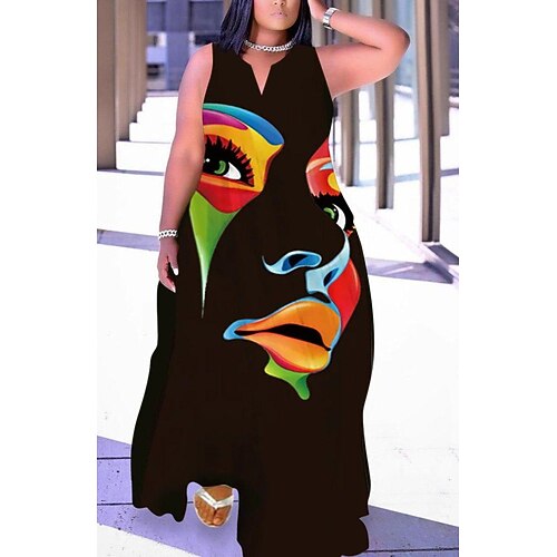 

Women's Plus Size Swing Dress Print U Neck Print Sleeveless Spring Summer Casual Maxi long Dress Daily Vacation Dress