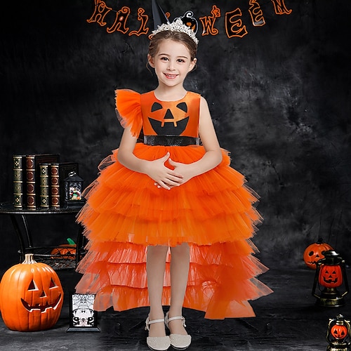 

Kids Little Girls' Dress Graphic Patterned A Line Dress Halloween Vacation Print Orange Asymmetrical Sleeveless Beautiful Costume Dresses Halloween Spring Summer Regular Fit 2-6 Years