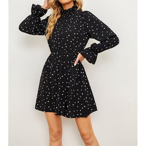 

Women's A Line Dress Black Dress Short Mini Dress Black Long Sleeve Heart Print Fall Winter High Neck Stylish Casual Modern 2022 S M L XL