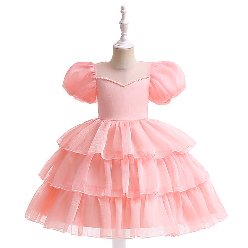 

Bambino Da ragazza Vestito da festa Tinta unica Al ginocchio Vestito Prestazioni Manica a sbuffo Girocollo Manica corta Da principessa Vestito 3-10 anni Primavera Bianco Rosa Vino