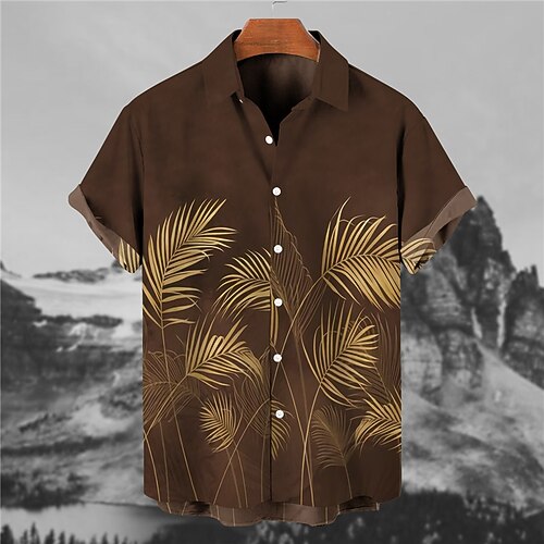 

Men's Shirt Leaves Turndown Brown Short Sleeves 3D Print Outdoor Street Button-Down Print Tops Fashion Designer Casual Breathable / Summer / Spring / Summer