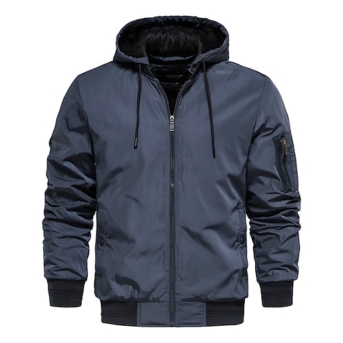 

Men's Bomber Jacket Hoodie Jacket Warm Daily Wear Zipper Hoodie Casual Daily Jacket Outerwear Solid Color Adjustable Army Green Khaki Navy Blue / Fall / Long Sleeve