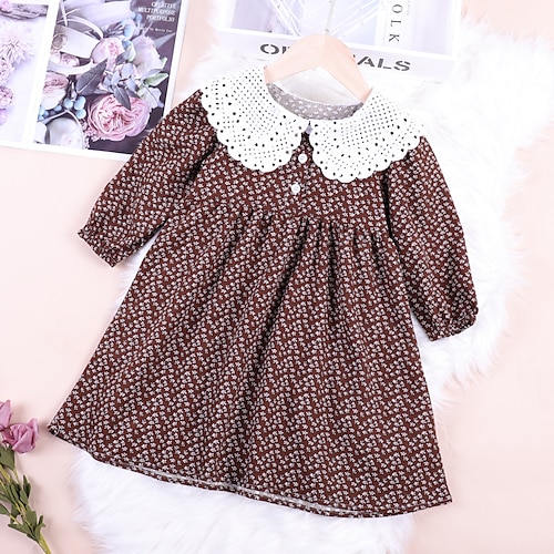 

Kids Toddler Little Girls' Dress Flower Daily Ruched Patchwork Hole Brown Knee-length Long Sleeve Cute Sweet Dresses Fall Spring Regular Fit 1 PC 2-8 Years