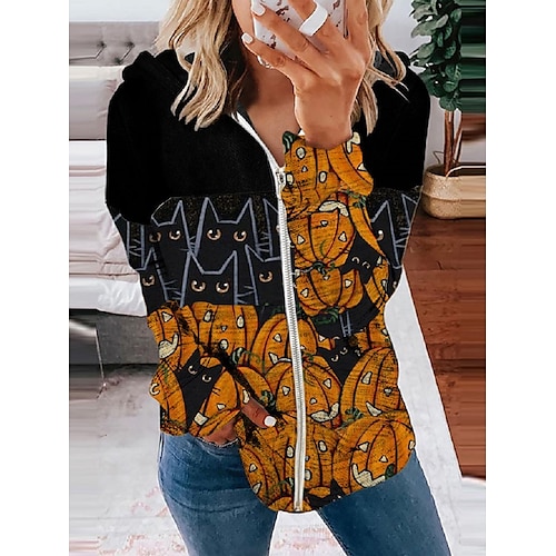 

Women's Zip Hoodie Sweatshirt Pullover Cat Pumpkin Zipper Print Halloween Weekend 3D Print Streetwear Casual Clothing Apparel Hoodies Sweatshirts Black