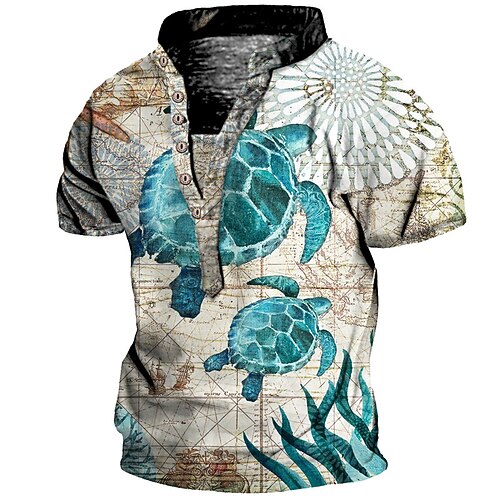 

Men's T shirt Tee Henley Shirt Tee Graphic Animal Stand Collar Blue Short Sleeve 3D Print Plus Size Outdoor Daily Button-Down Print Tops Basic Casual Big and Tall / Summer / Summer / Sports