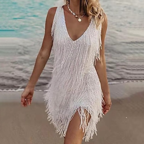 

vestido de festa feminino vestido de franja vestido de lantejoulas mini vestido prata sem mangas cor pura lantejoulas primavera verão alça fina festa festa 2023 s m l xl xxl