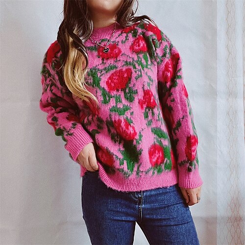 

Women's Pullover Sweater Jumper Ribbed Knit Knitted Floral Crew Neck Stylish Casual Daily Holiday Fall Winter Purple Red S M L / Long Sleeve