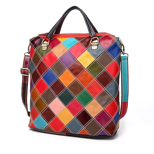 

Women's Handbag Cowhide Daily Holiday Zipper Plaid Color Block Rainbow