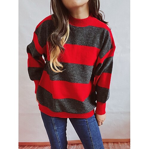 

Women's Pullover Sweater Jumper Chunky Knit Tunic Knitted Striped Crew Neck Stylish Casual Home Daily Fall Winter Red Navy Blue S M L / Long Sleeve