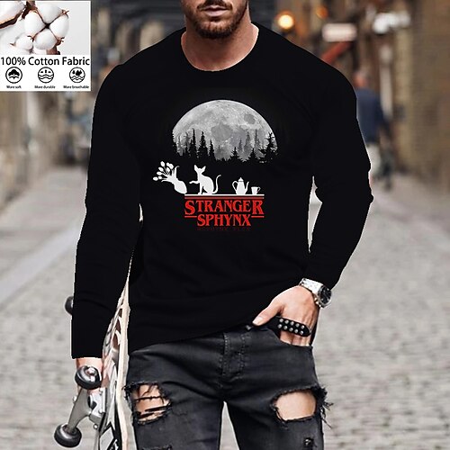 

Men's Unisex T shirt Tee Letter Moon Crew Neck Green Black Gray Navy Blue Long Sleeve Hot Stamping Outdoor Street Print Tops Cotton Basic Sports Designer Simple